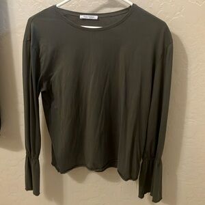 Zara Trafaluc Long Sleeve Cotton Top - Forest Green